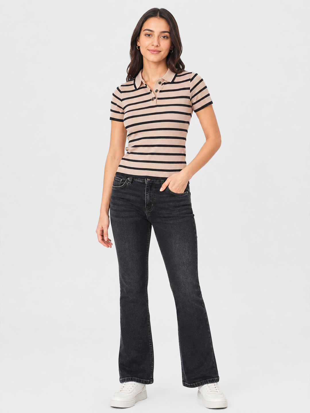 Women Black/Beige Flat Knit