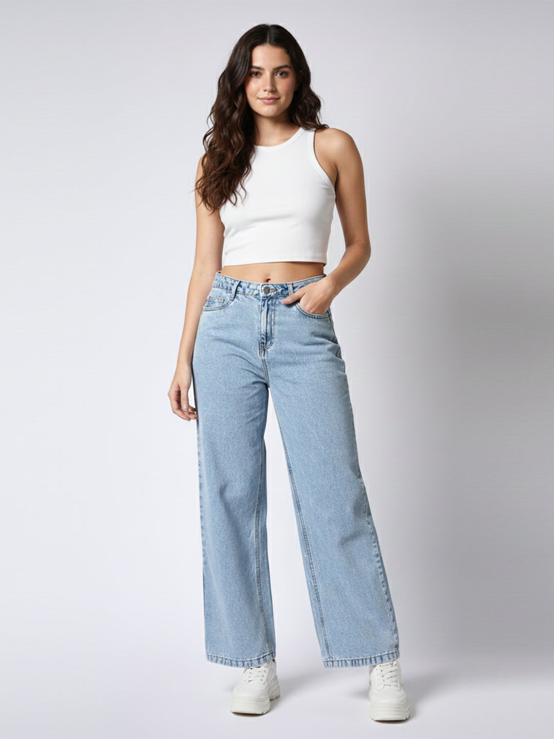 Women Light Blue High-Rise Wide Leg Jeans