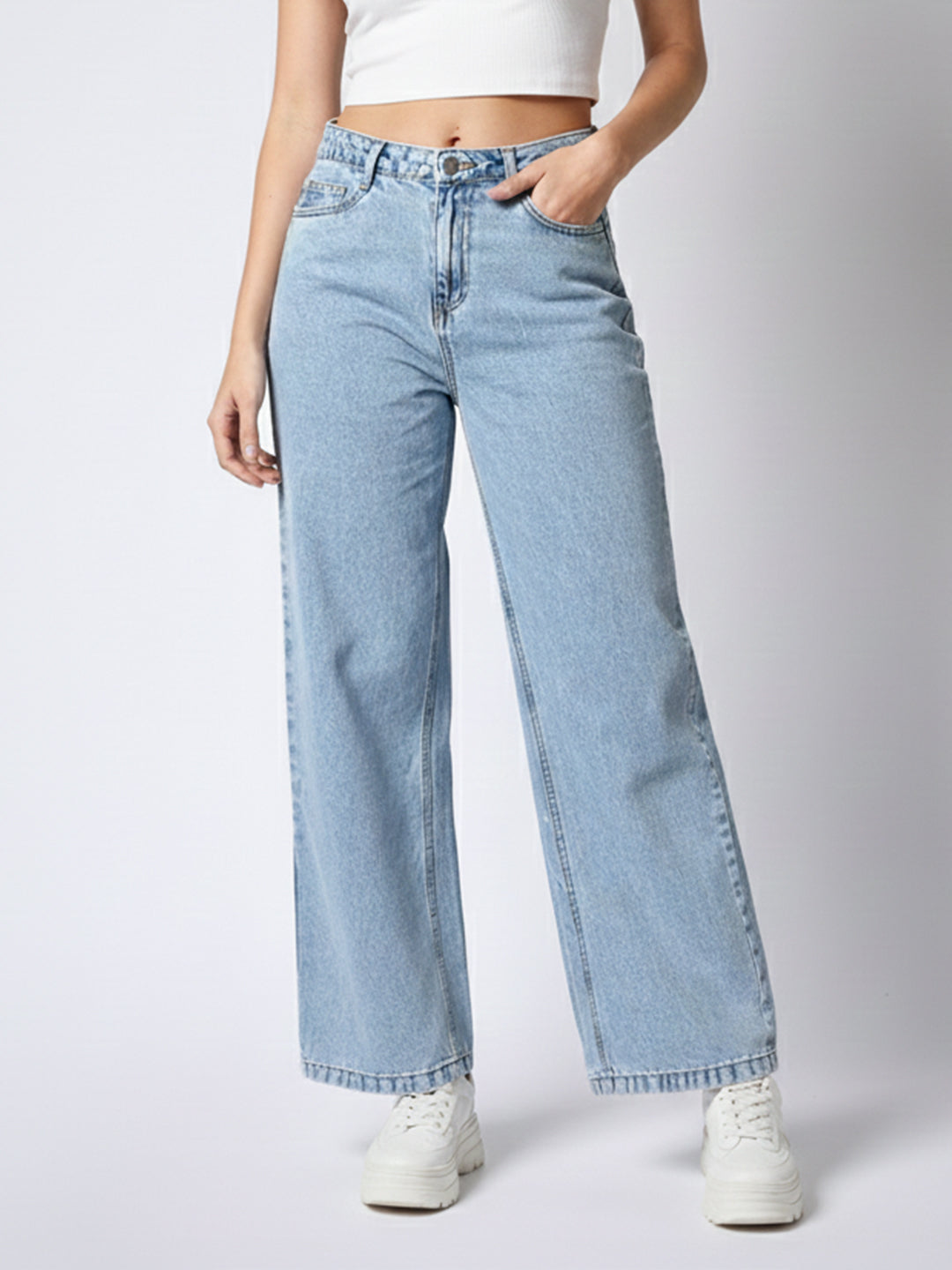 Women Light Blue High-Rise Wide Leg Jeans
