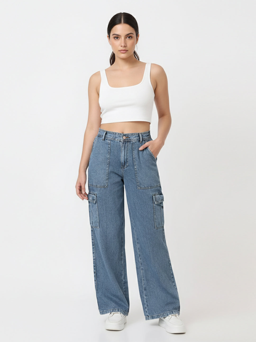 Women Light Blue High-Rise Cargo
