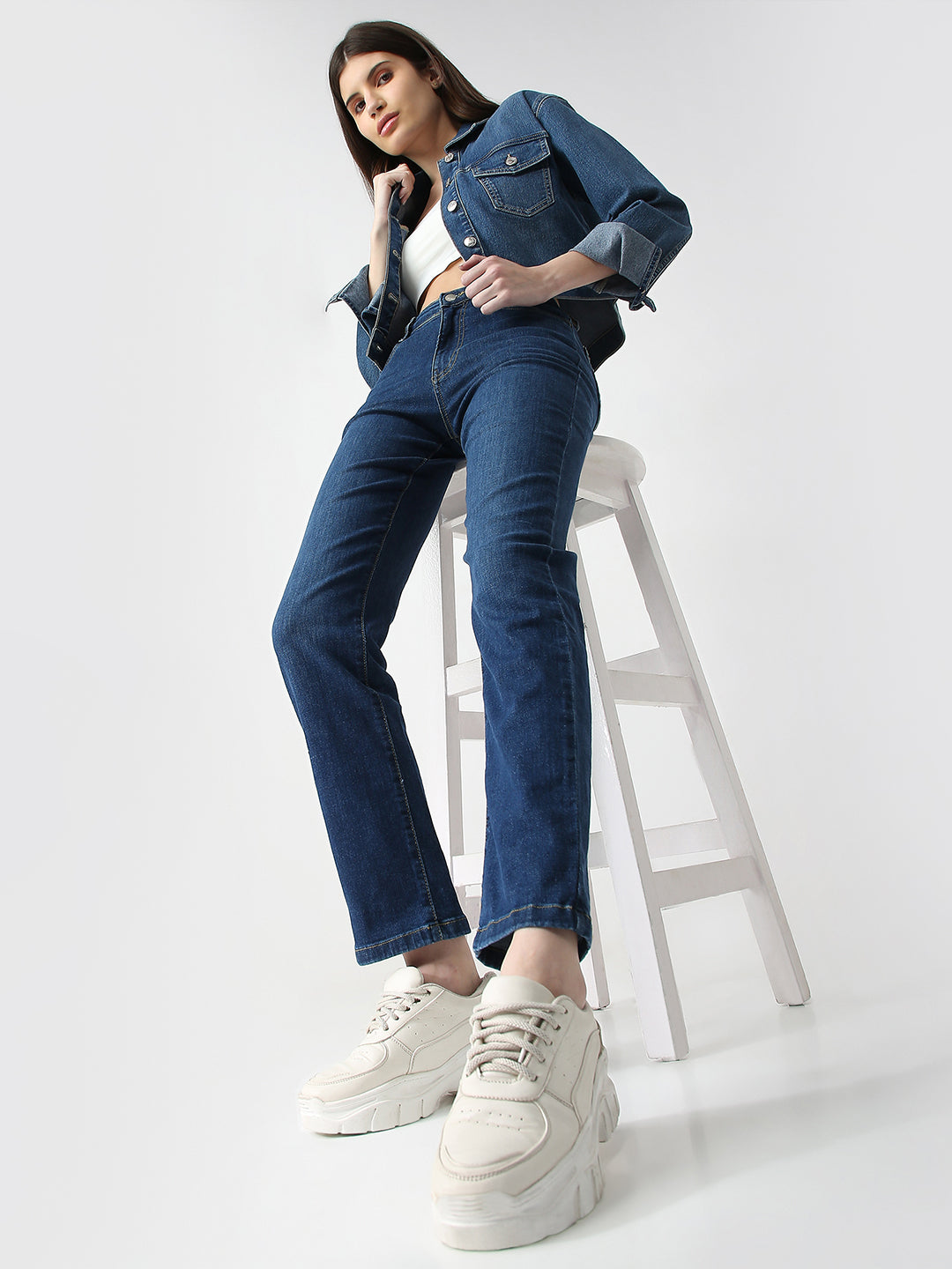 Women Blue High-Rise Slim Straight Jeans