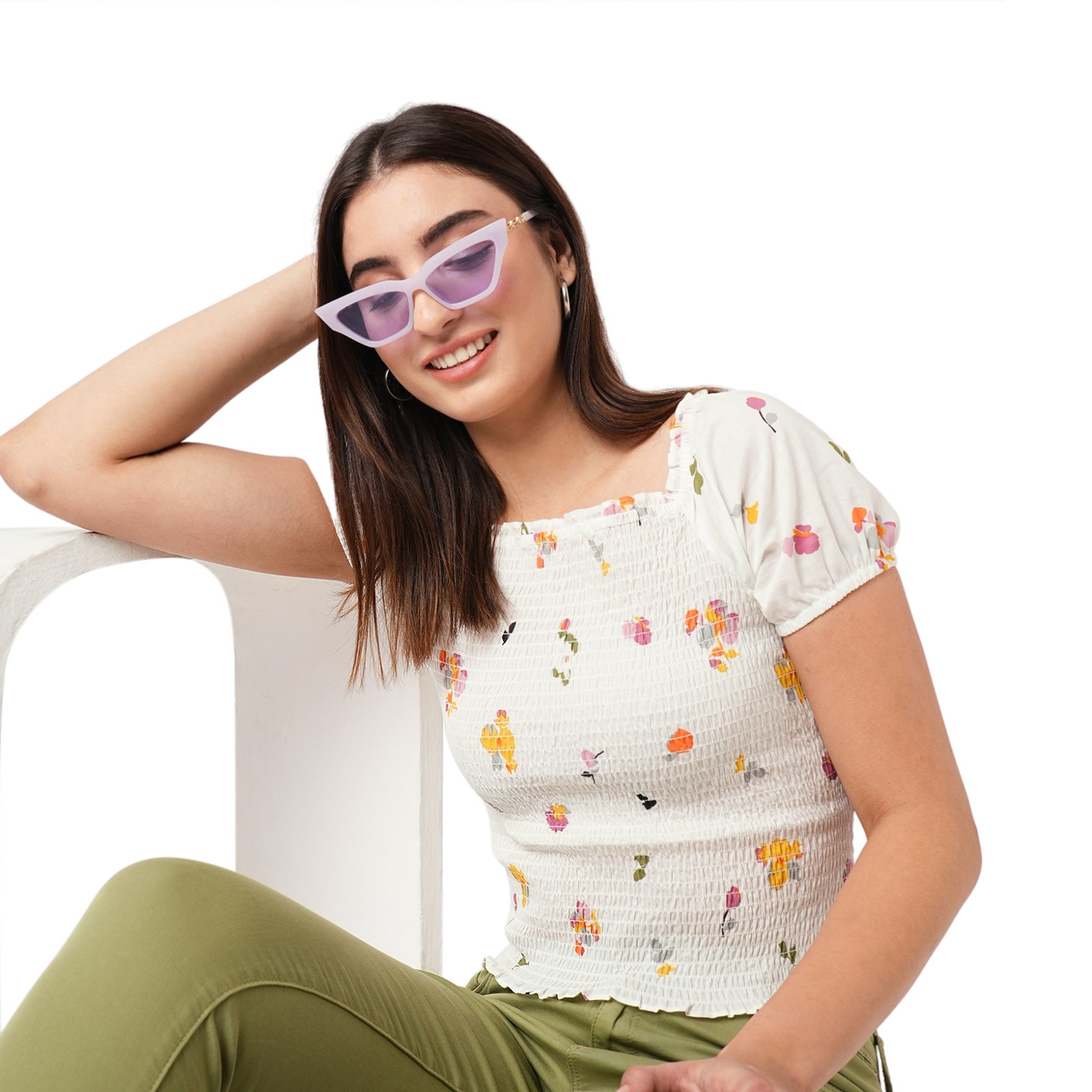 Women Off White Floral Printed Top