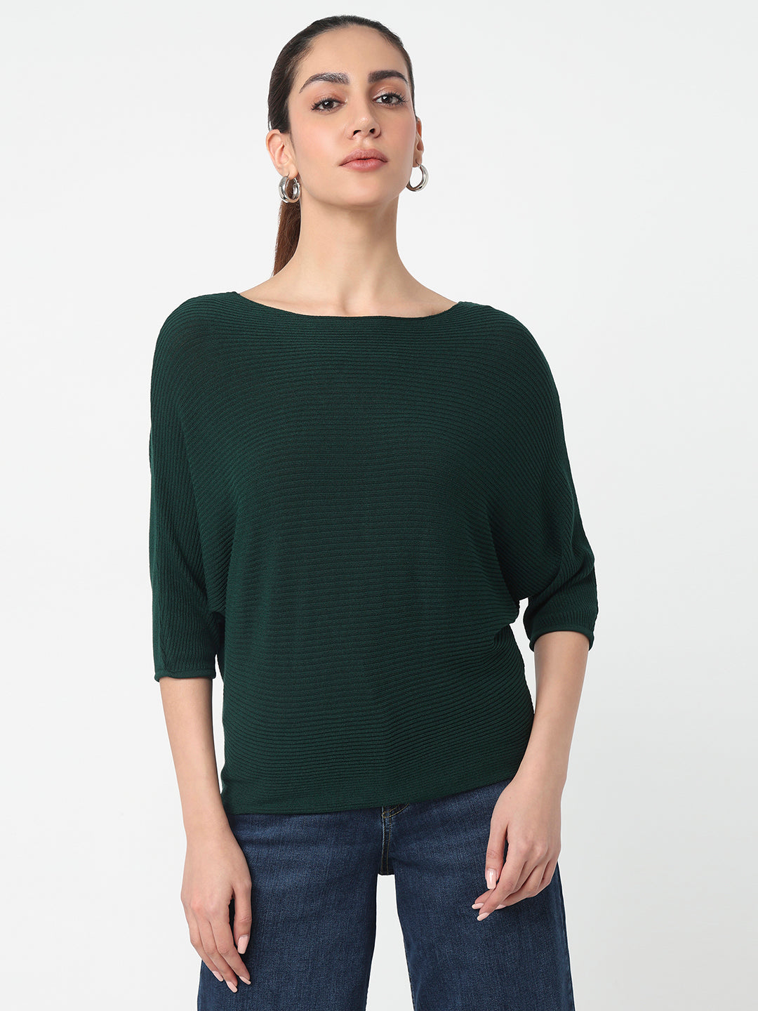 Women Bottle Green Batsleeve Top