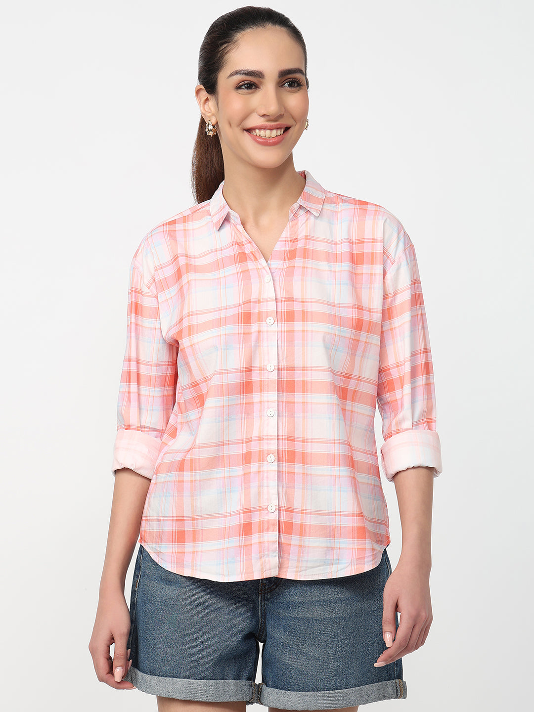 Women Peach/White Checked Shirt