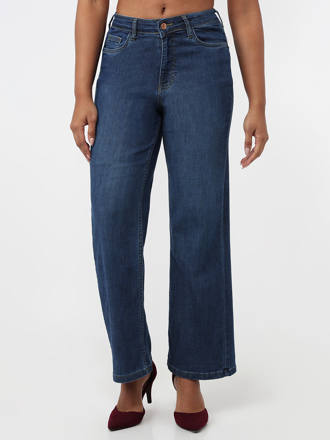 Women Dark Blue High-Rise Wide Leg Jeans
