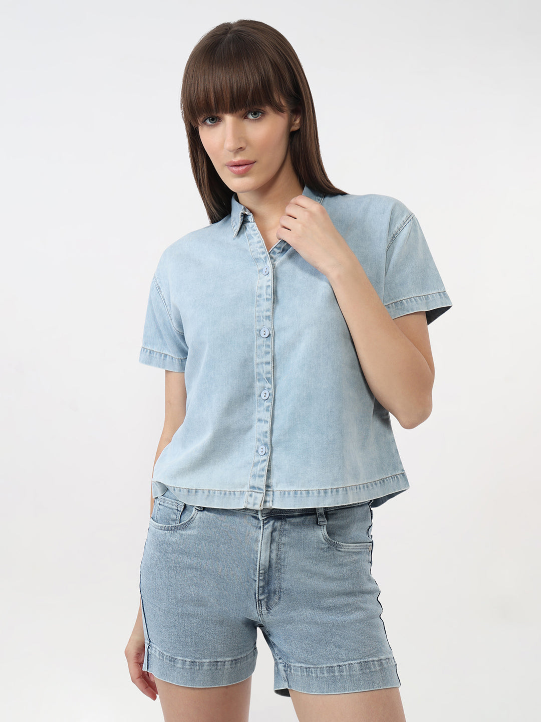 Women Light Blue Slim Crop Denim Shirt