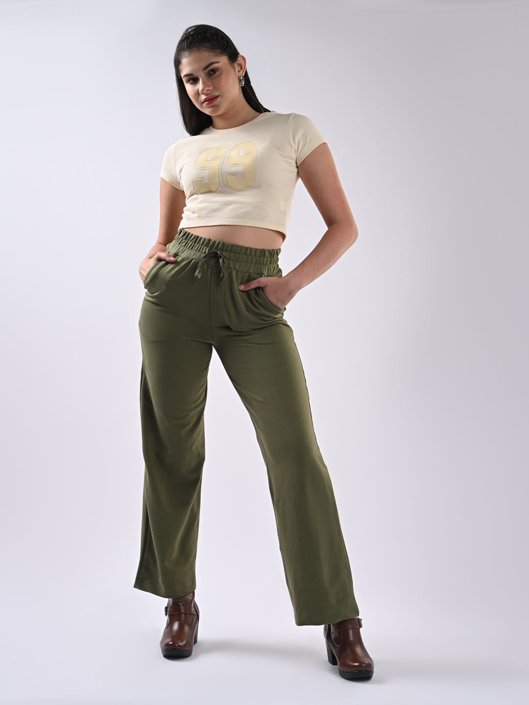 Women Olive Pink Loose Straight Jeans