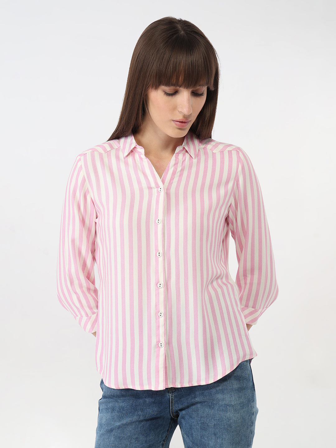 Women Pink/White Striped Slim Shirt