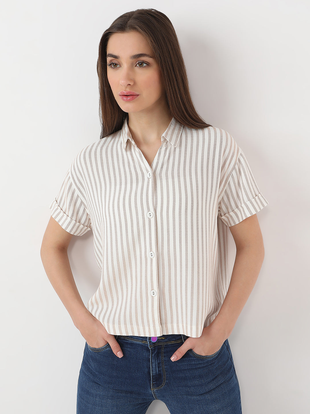 Women Beige/White Crop Stripe Shirt