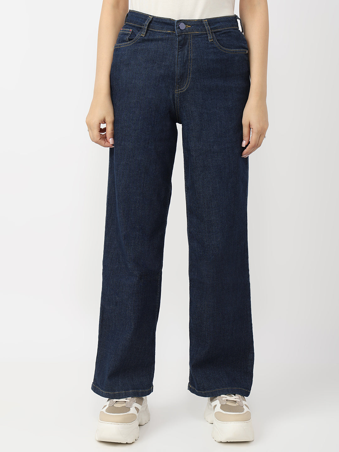 Women Dark Blue High-Rise Wide Leg Jeans