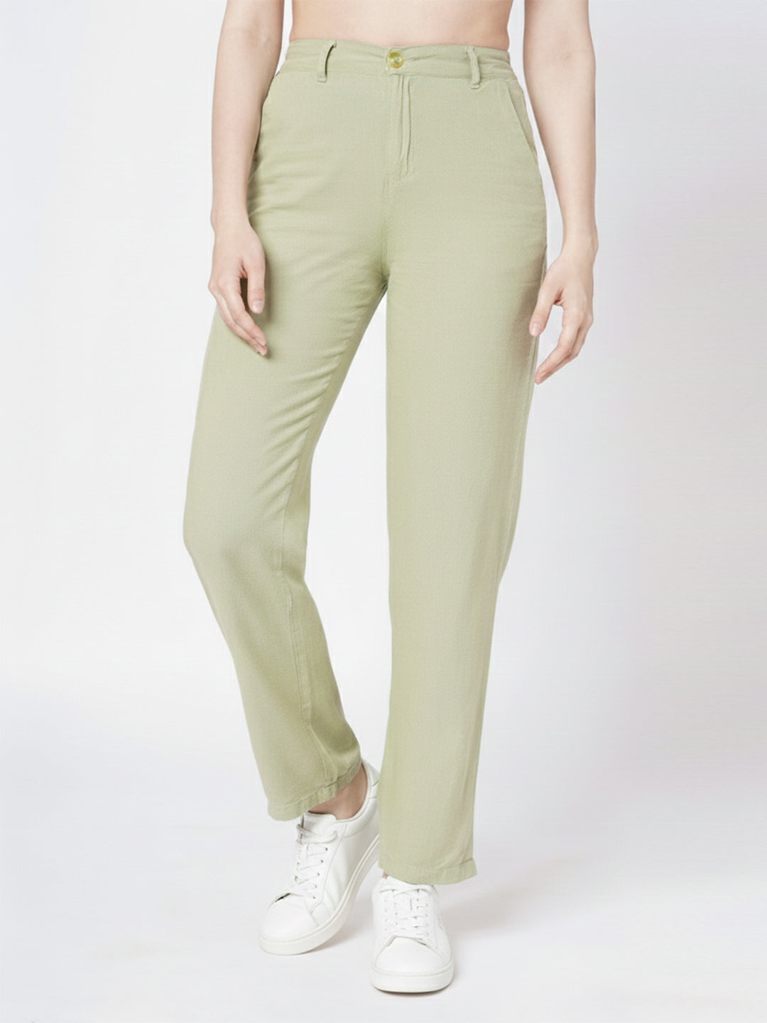 Women Light Olive High-Rise Straight Fit Korean Pants