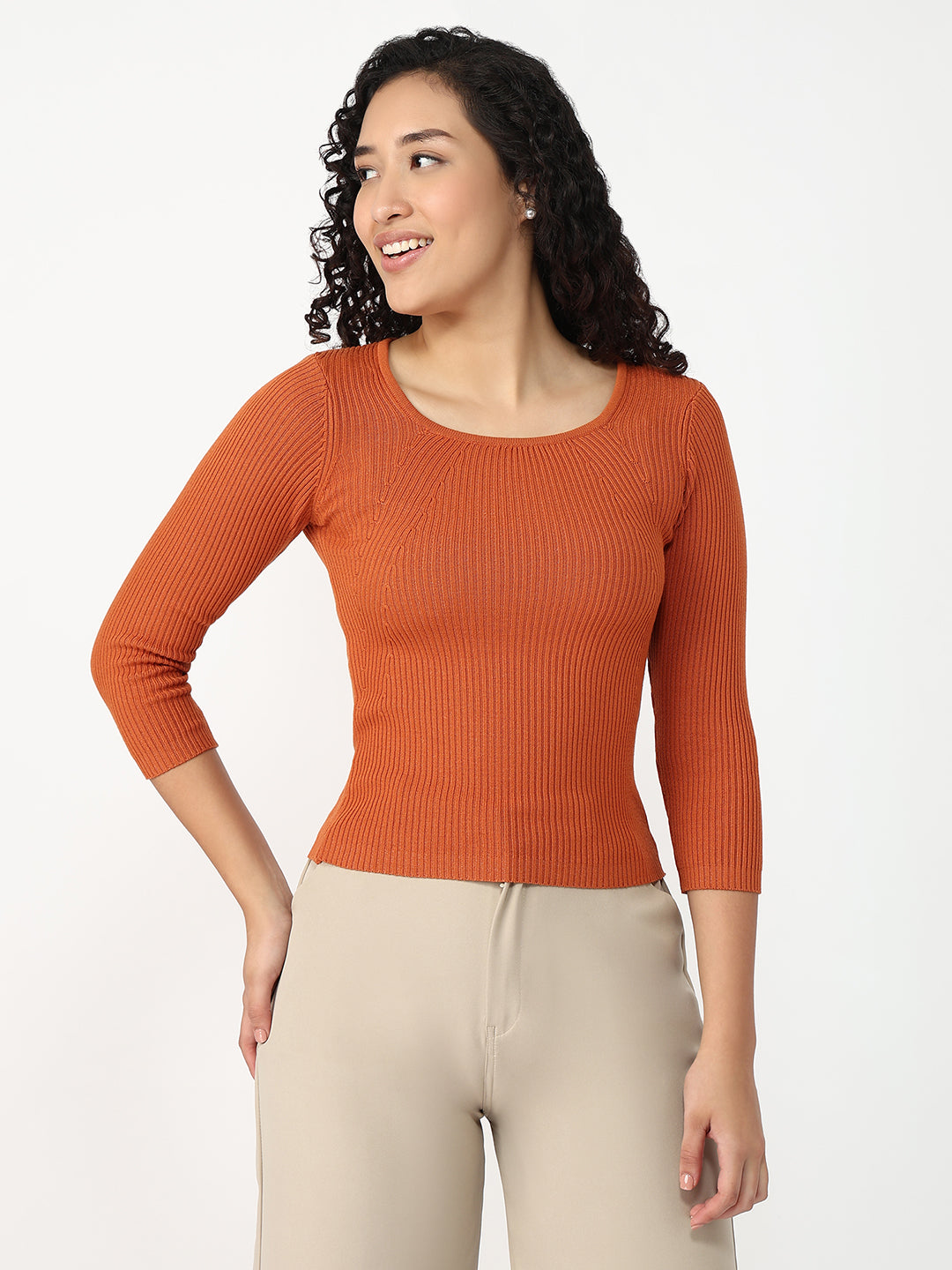 Women Burnt Orange Slim Fit Flat Knit