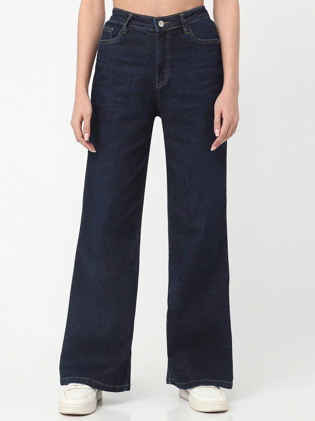 Women Dark Blue High-Rise Super Wide Leg Jeans