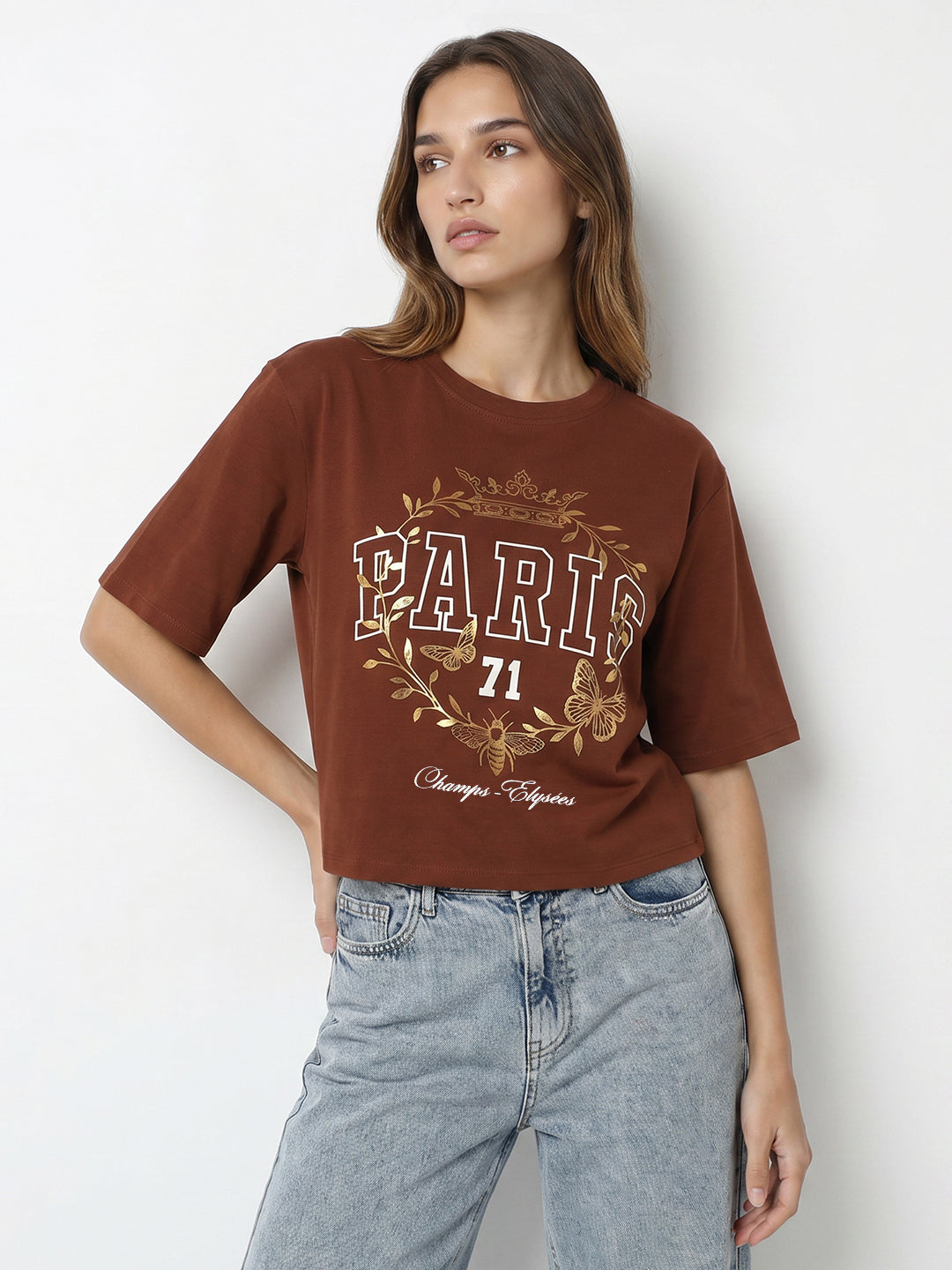 Women Sepia Graphic Print Crop Tees