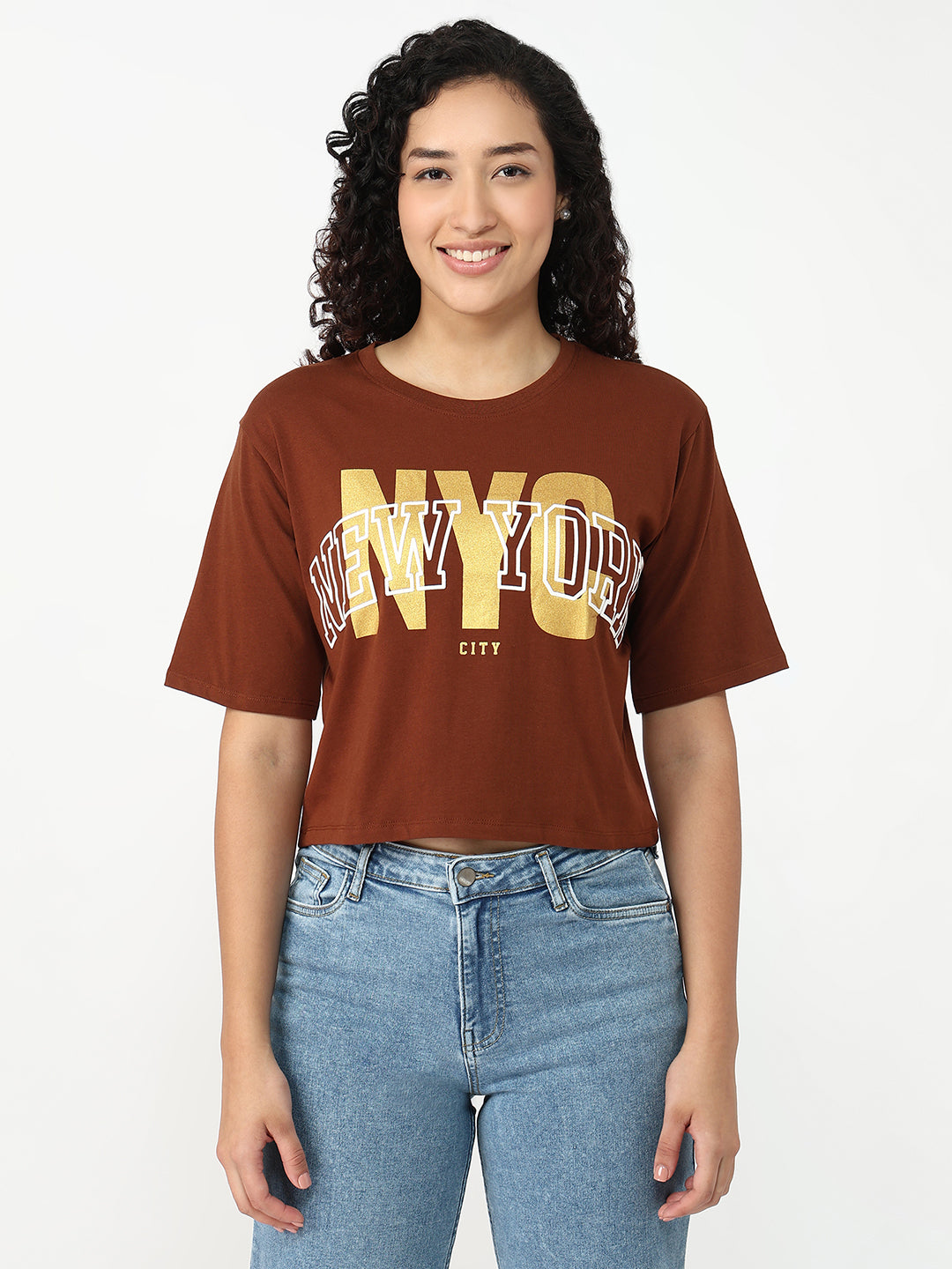 Women Sepia Slim Graphic Crop T-Shirt