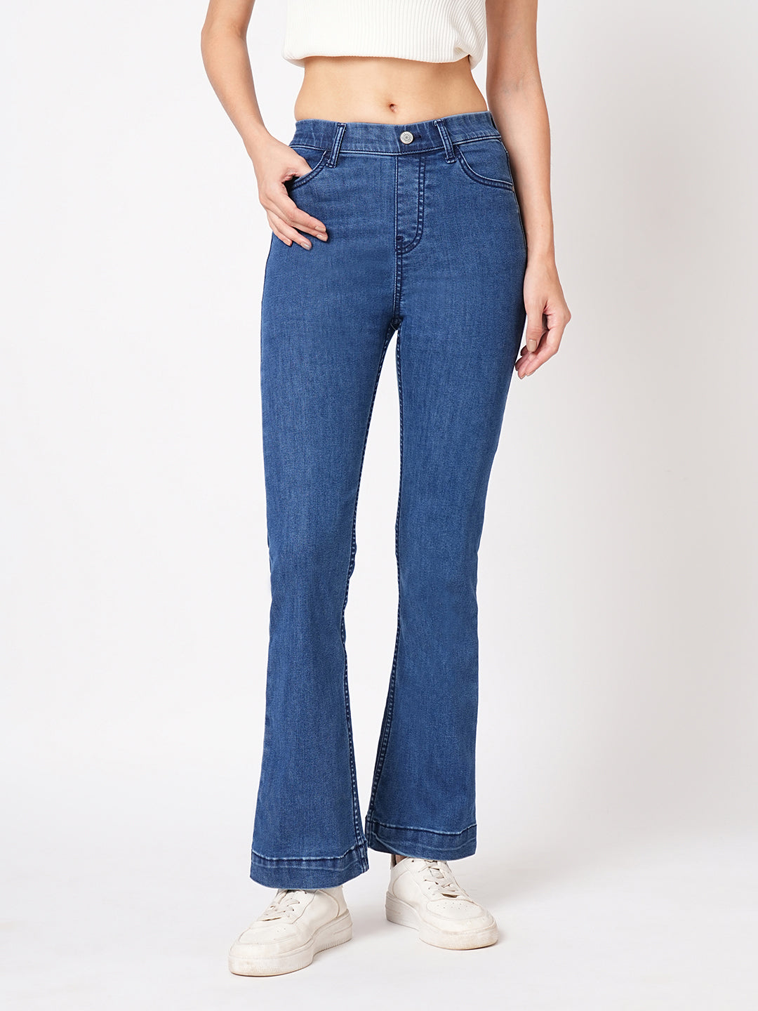 Women Blue High-Rise Mini Flare Jeans