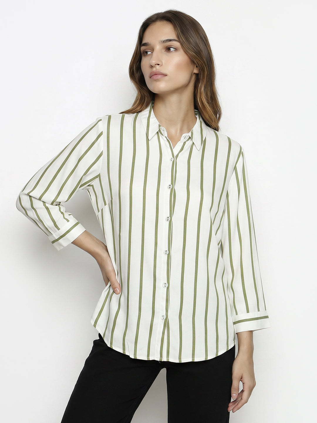 Women White/Olive Striped Shirt