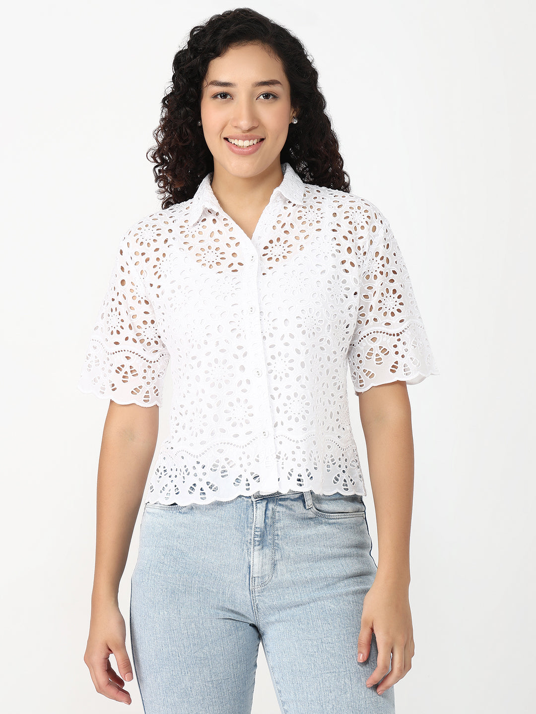 Women White Crop Slim Shirt