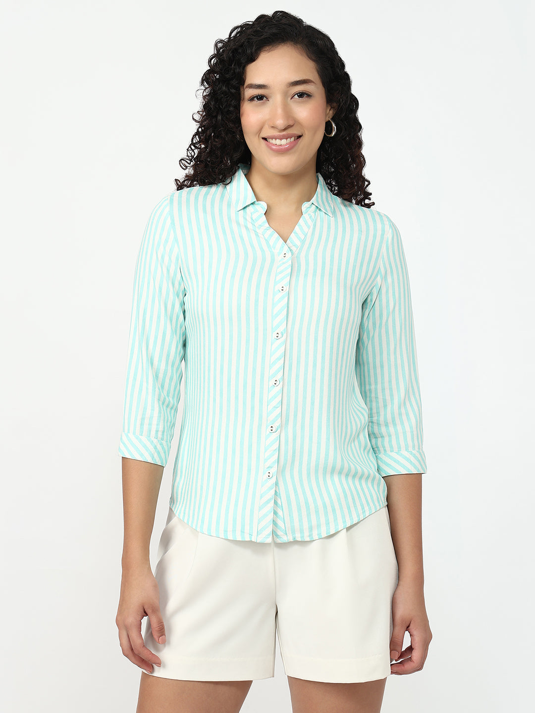 Women Aqua/White Slim Shirt