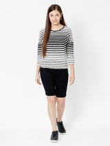 Women Black & White Striped Three-Quarter Sleeves T-Shirts