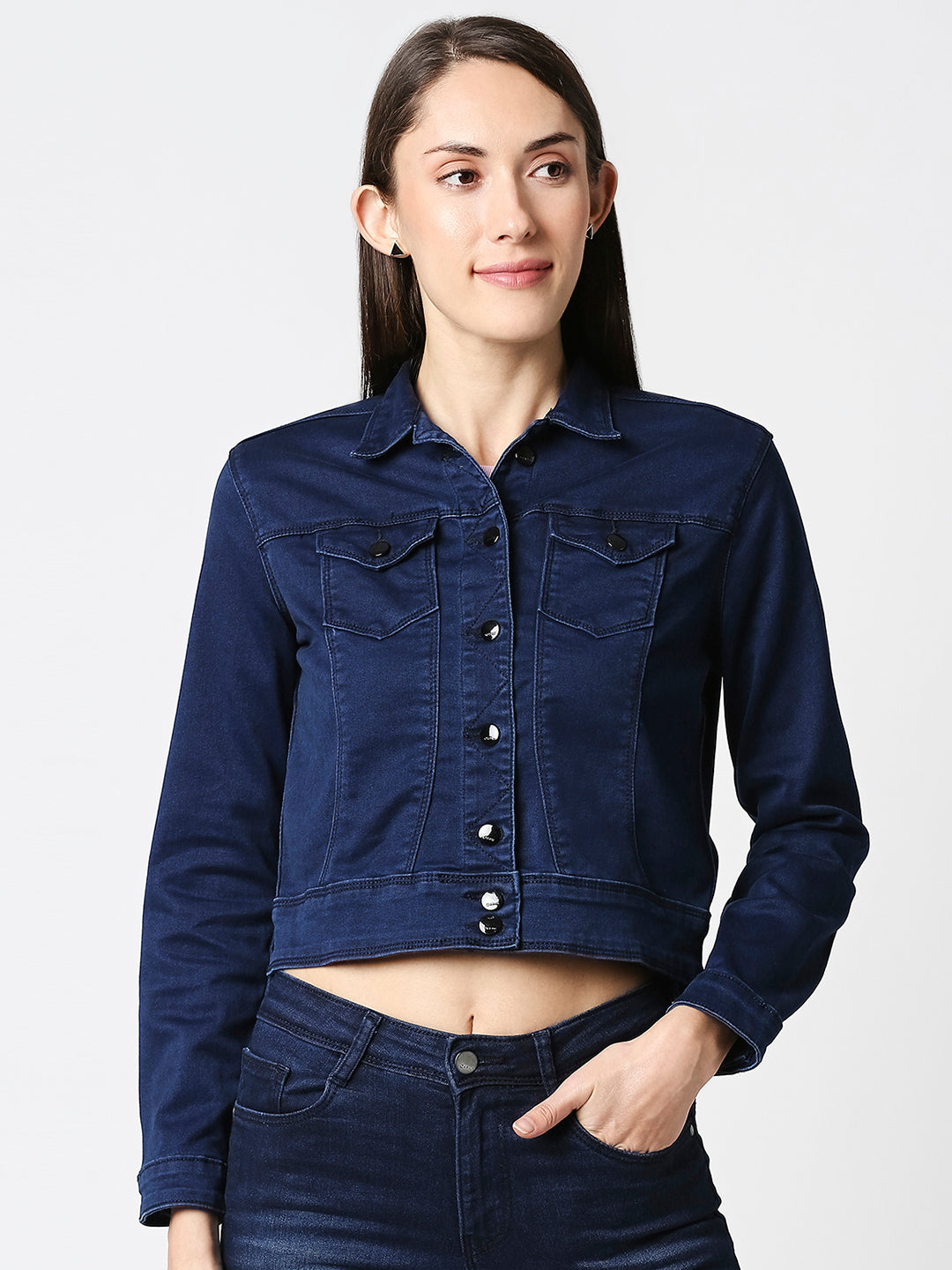 Women Blue Crop Jacket