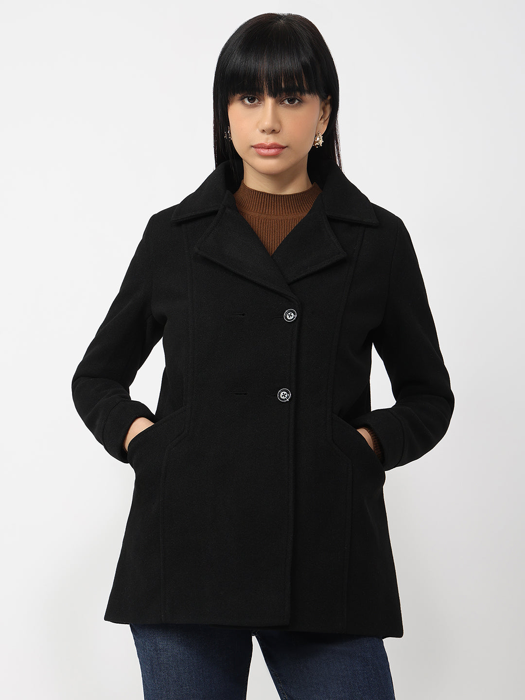 Women Black Slim Fit Coat
