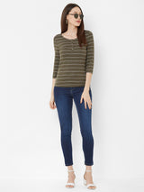 Women Olive Striped Three-Quarter Sleeves T-Shirts