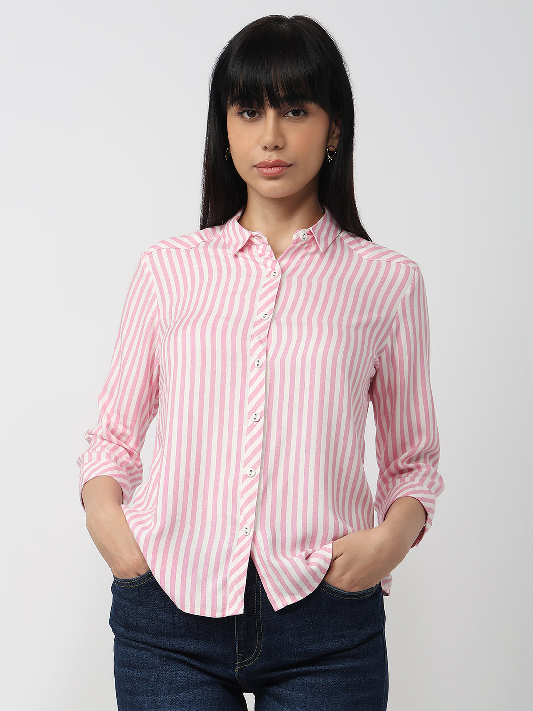 Women Pink/White Slim Fit Shirt