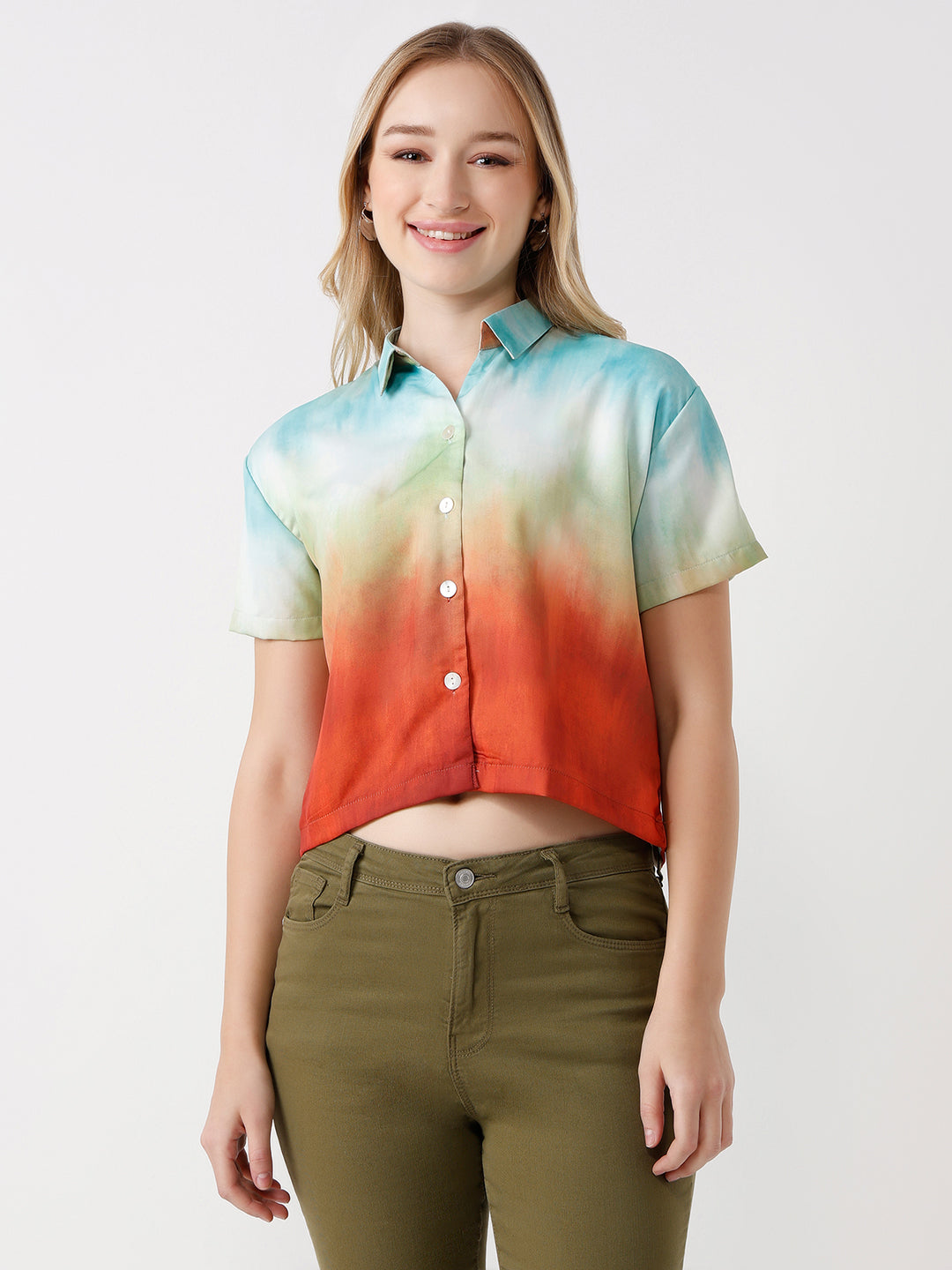 Women Rust/Aqua Ombre Crop Shirt