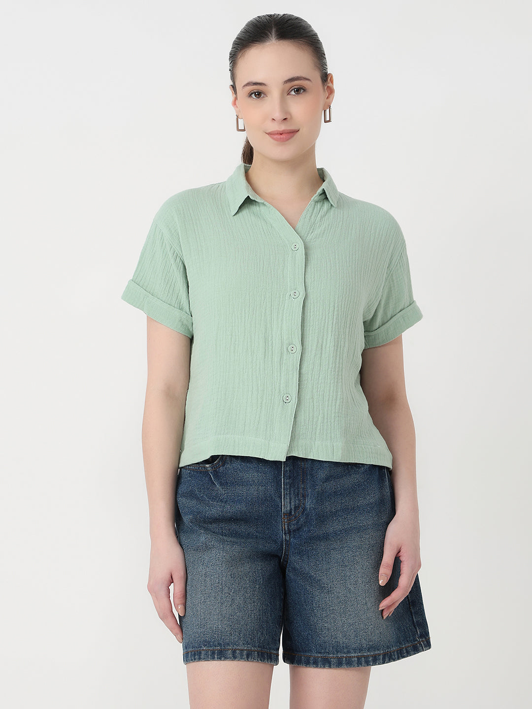 Women Mint Slim Fit Crop Shirt