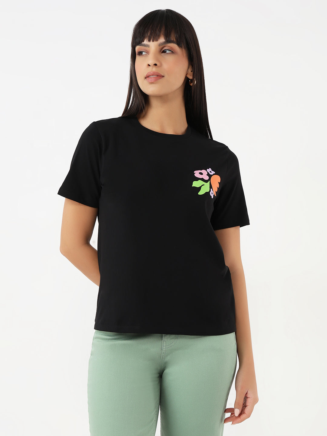Women Black Slim Graphic T-Shirt
