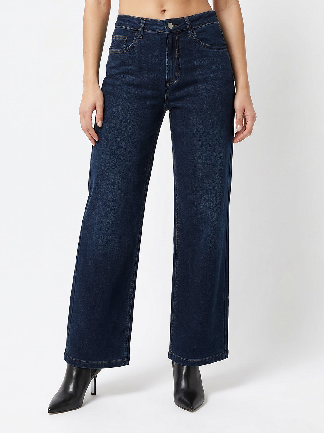 Women Dark Blue High-Rise Crop Wide Leg Jeans