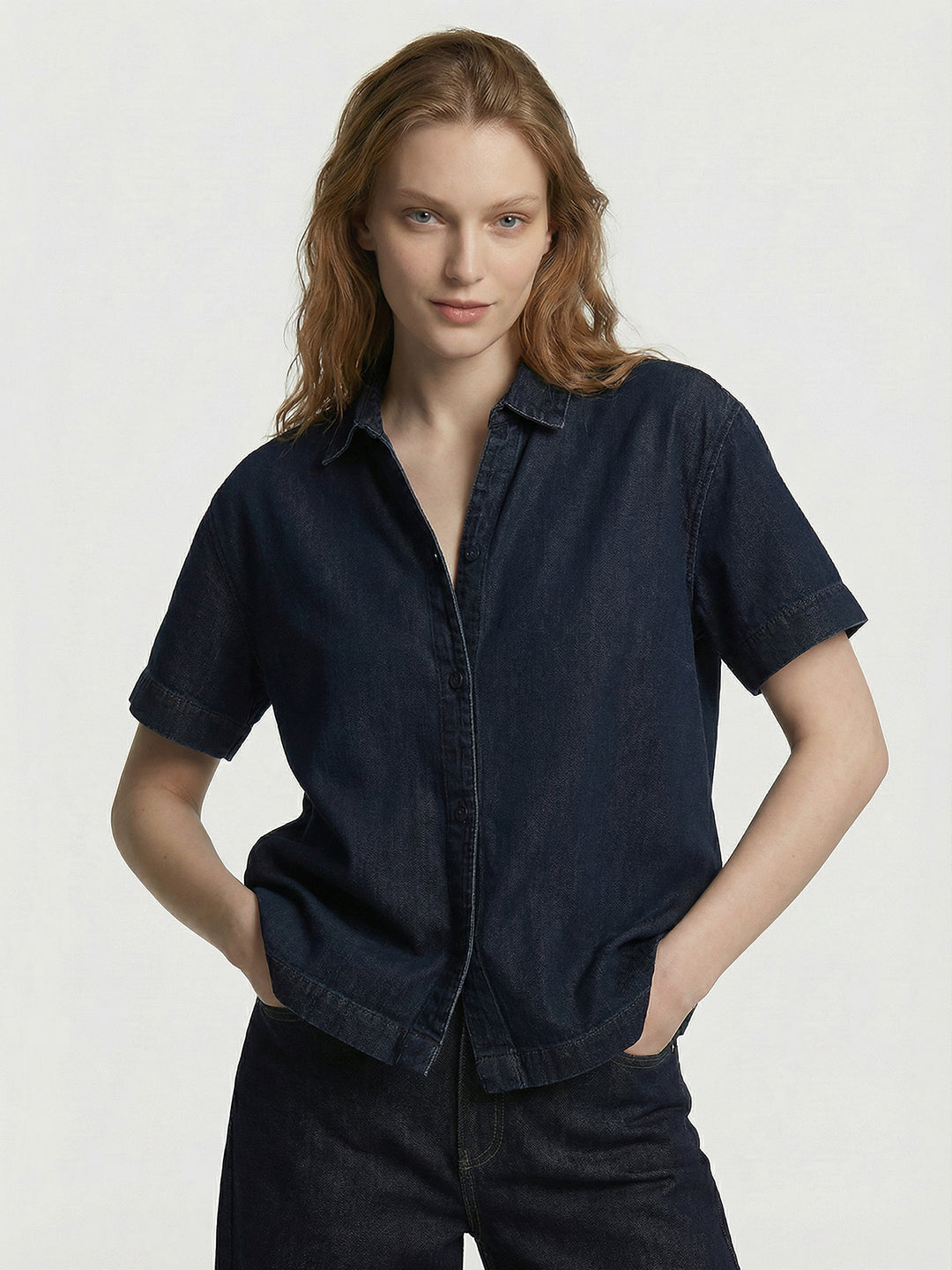 Women Dark Blue Crop Shirt