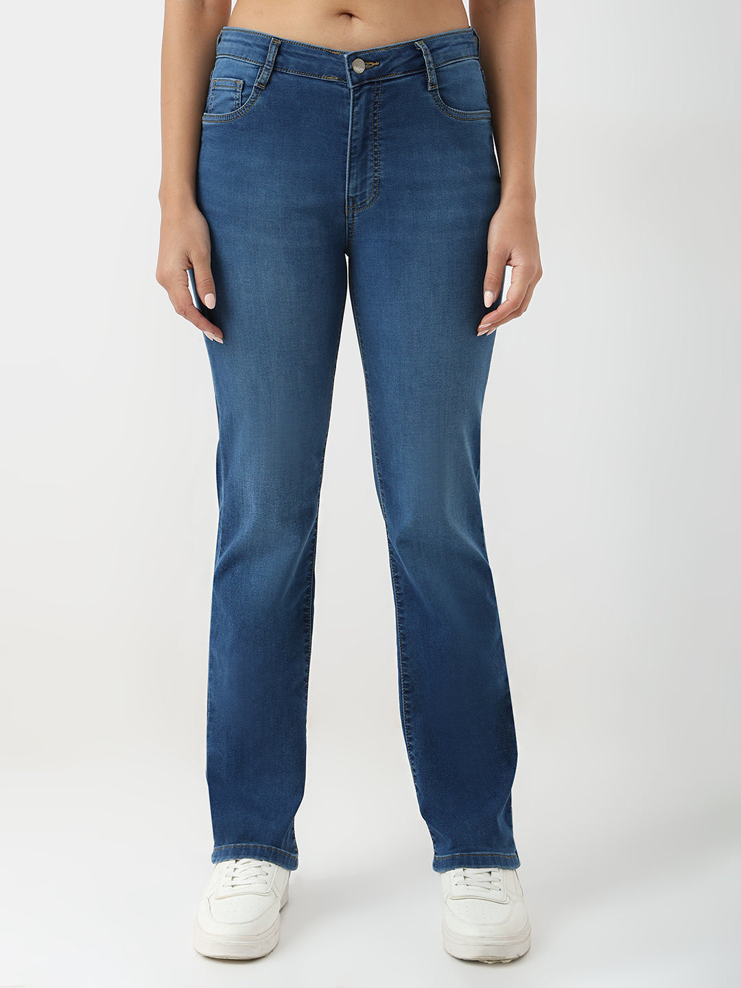 Women Blue High-Rise Slim Straight Jeans