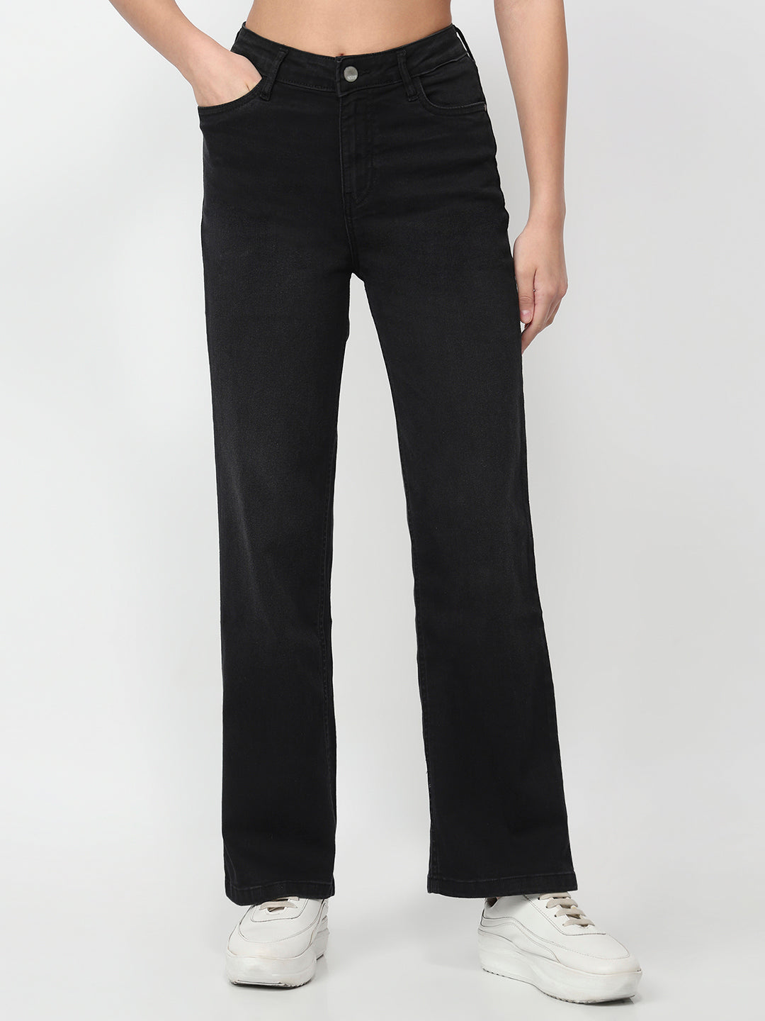 Women Charcoal High-Rise Straight Fit Jeans