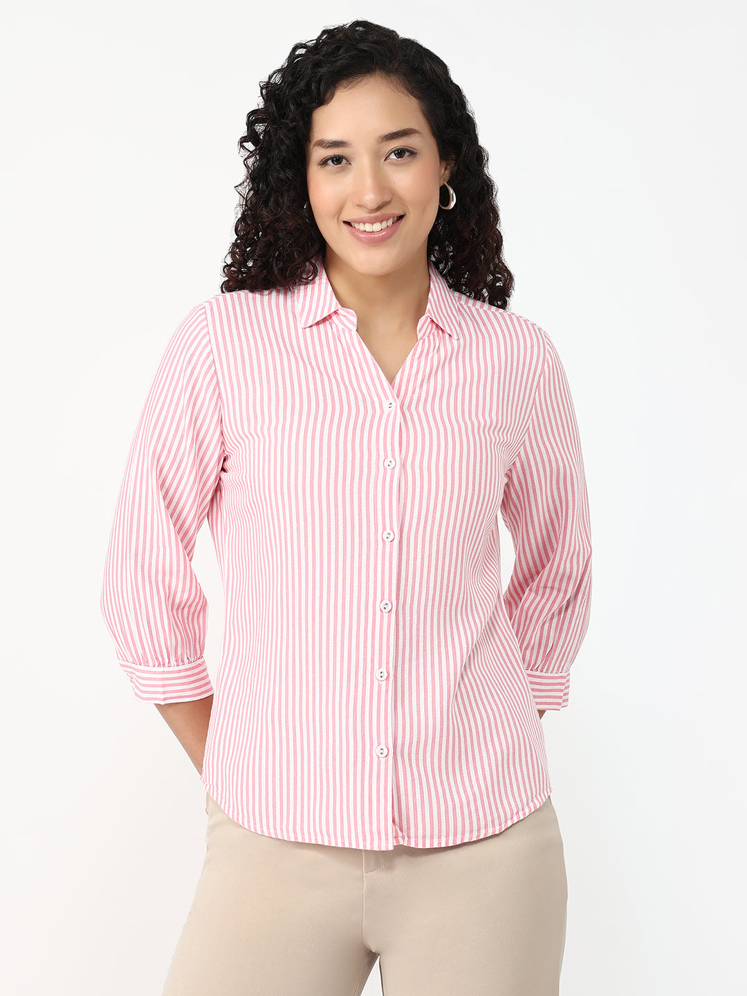 Women Pink/White Slim Shirt