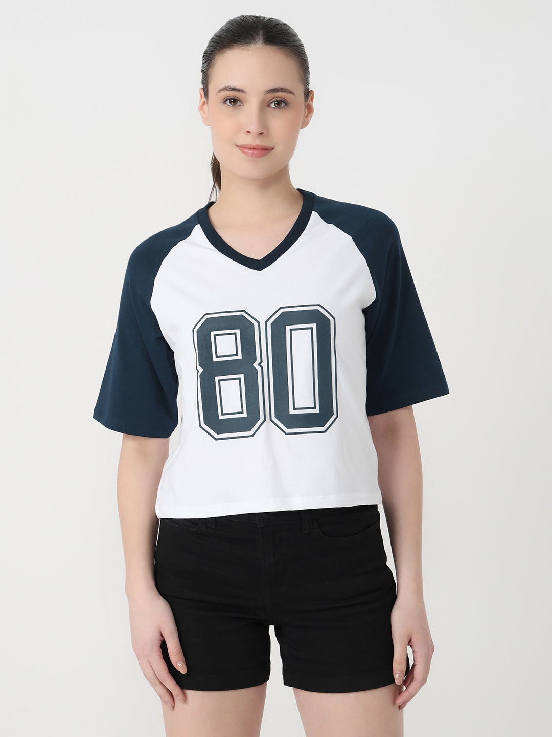 Women White/Airforce Slim Fit Graphic Crop T-Shirt