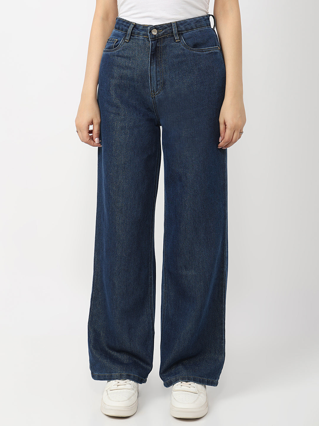 Women Dark Blue High-Rise Wide Leg Shimmer Jeans