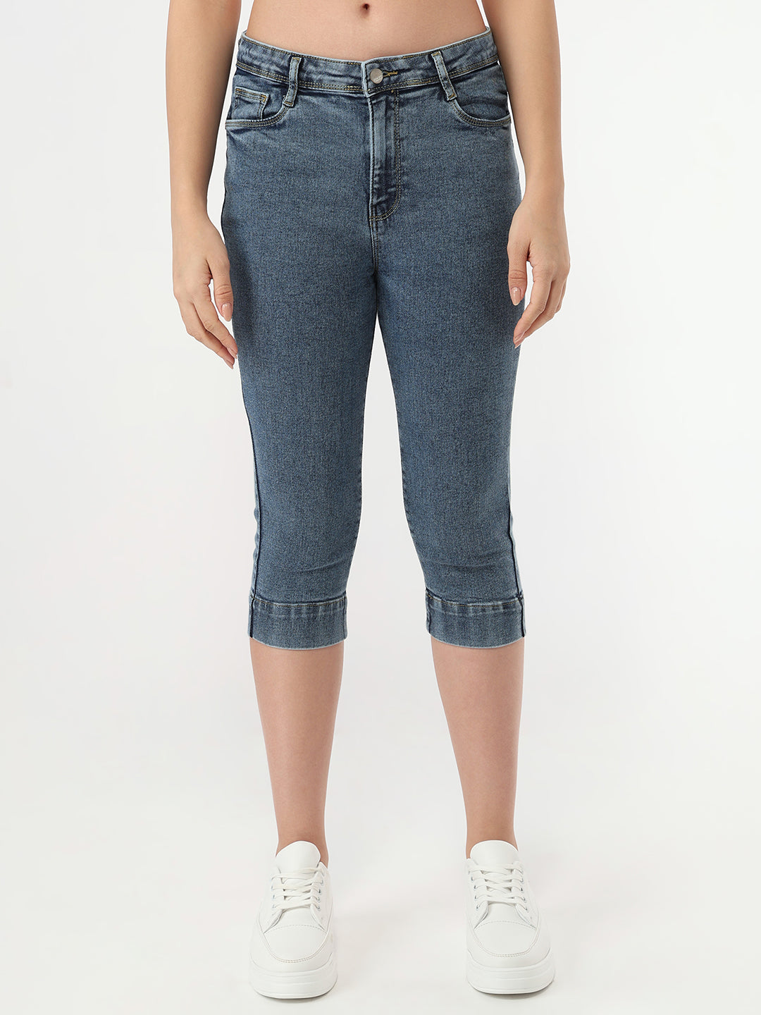 Women Light Blue High-Rise Capri