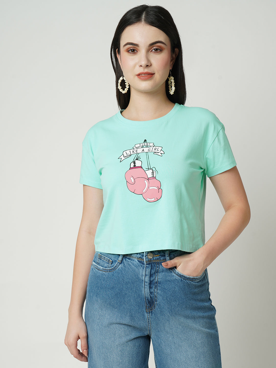Women Slim Fit Typography & Boxing Print Crop Graphic Tees