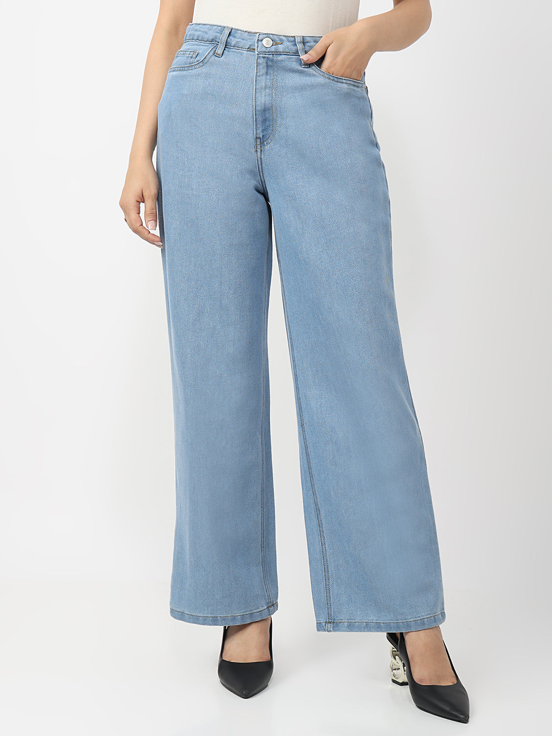 Women Light Blue High-Rise Wide Leg Shimmer Jeans