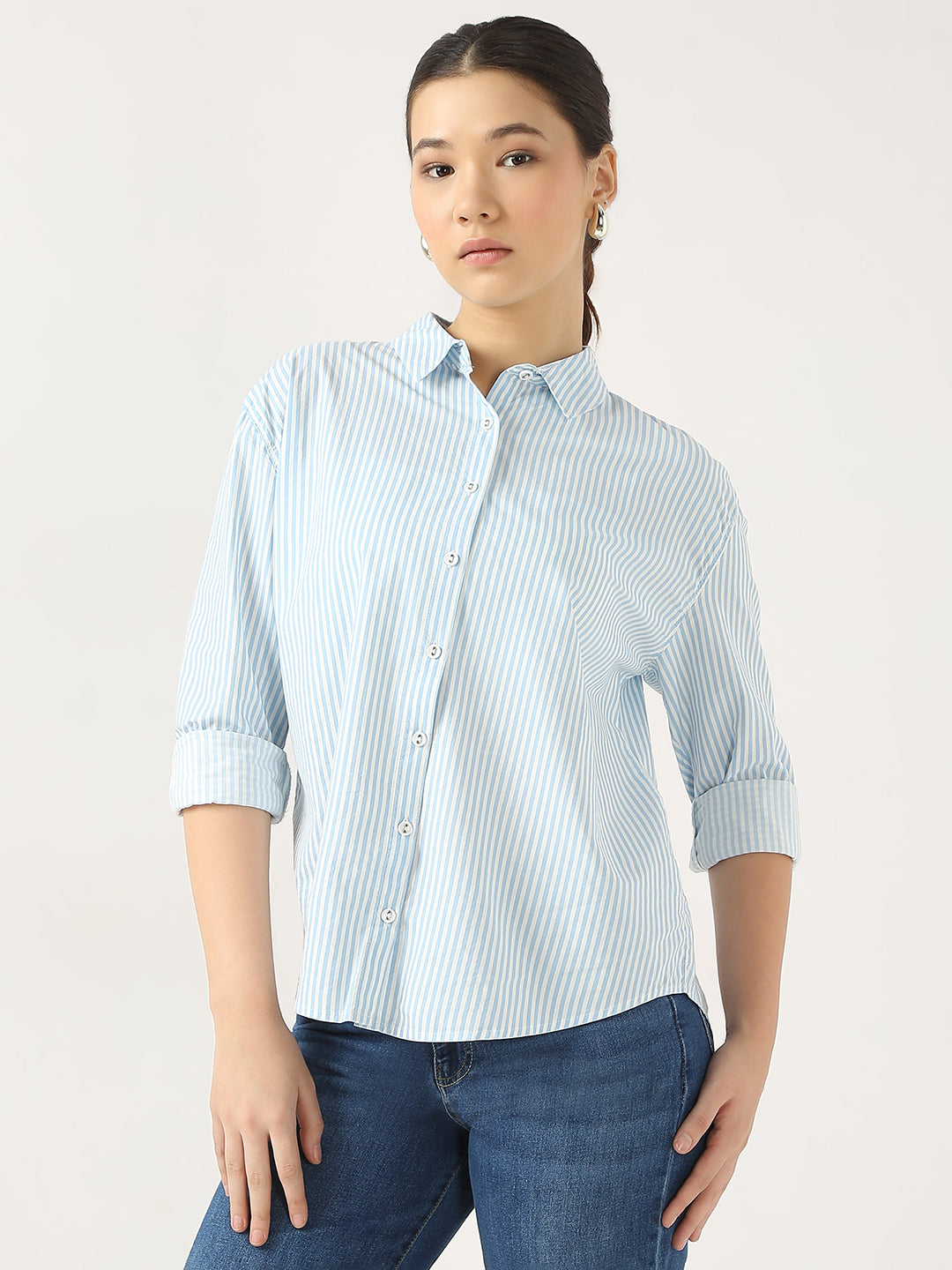 Women Sky/White Oversize Stripe Shirt