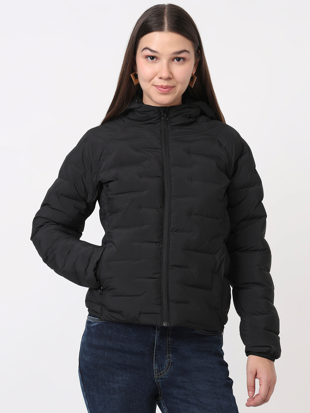 Women Black Slim Fit Winter Jacket