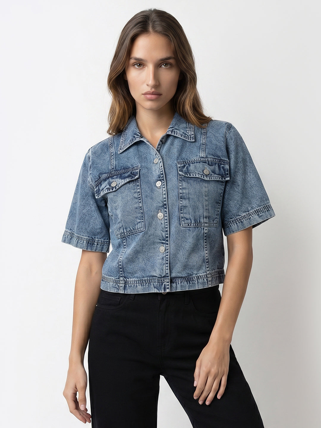 Women Light Blue Crop Denim Shirt