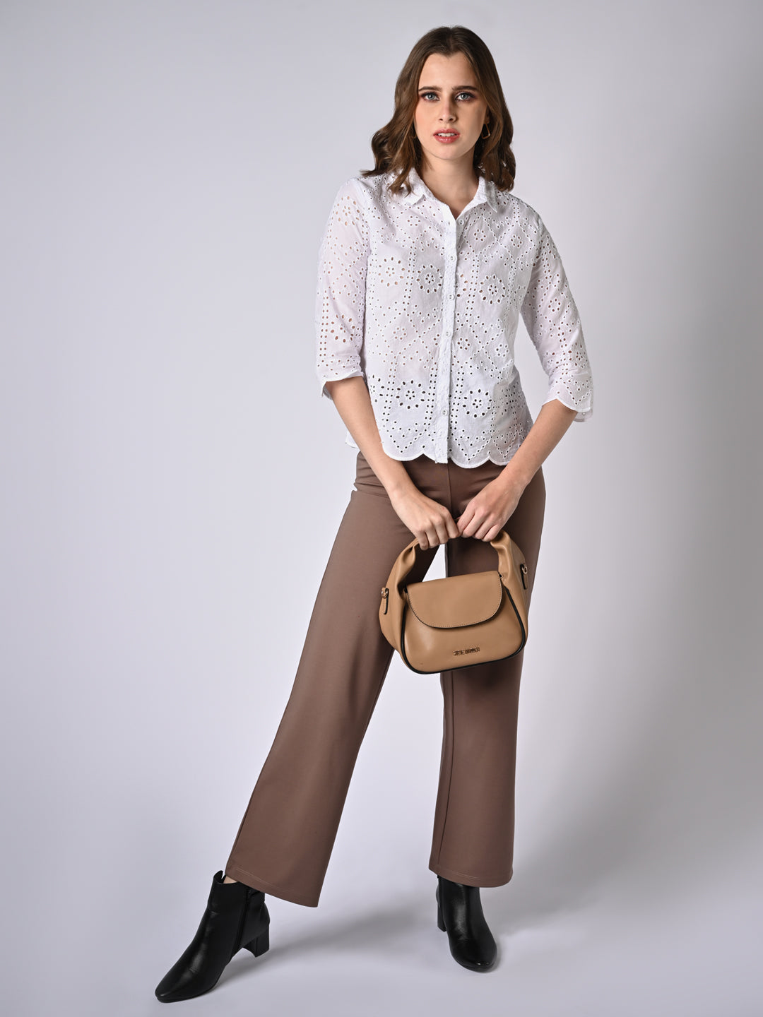 Women Self Design Slim Fit Schiffli Shirt