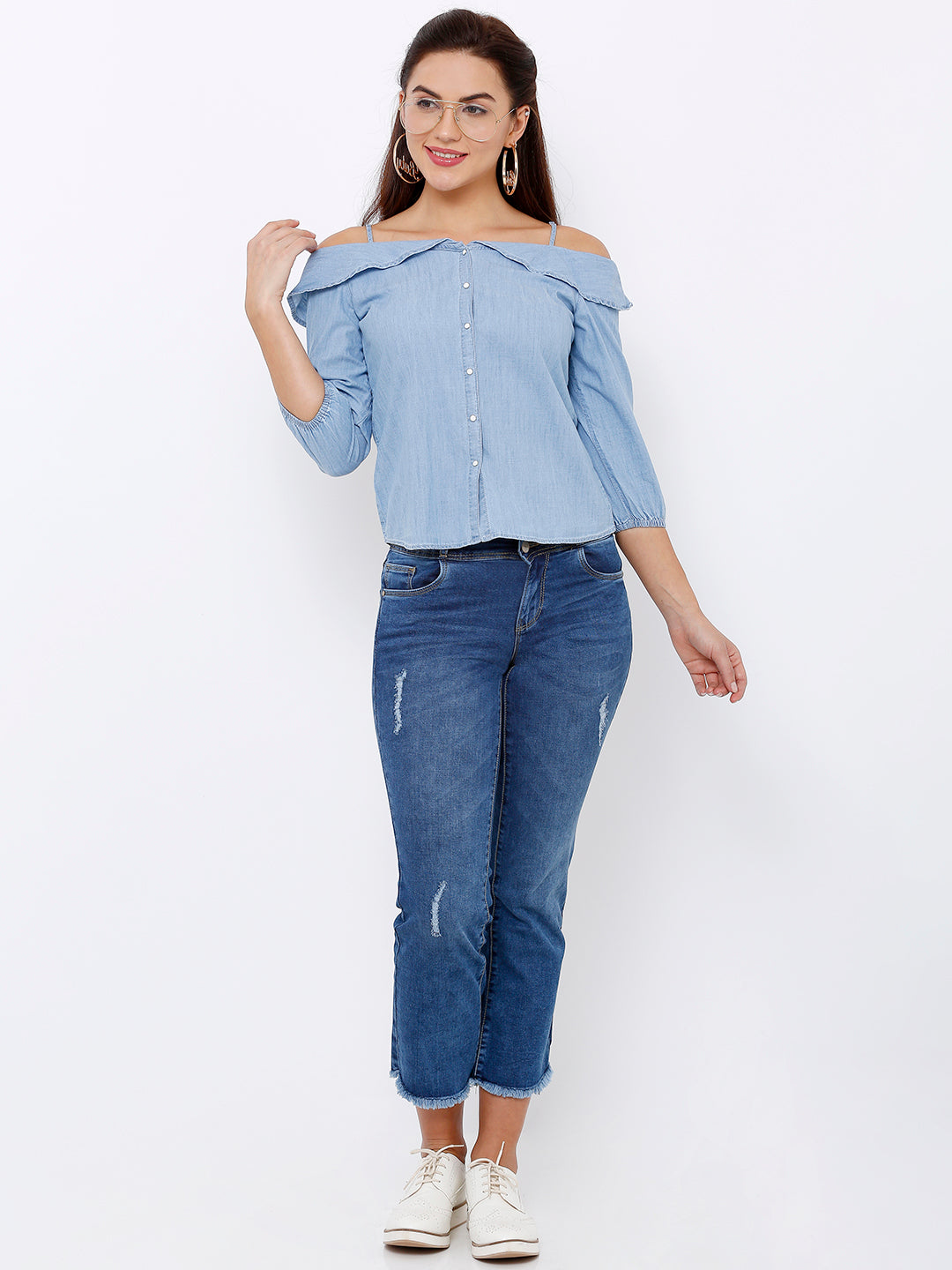 Women Blue Mid-Rise Crop Flare Jeans