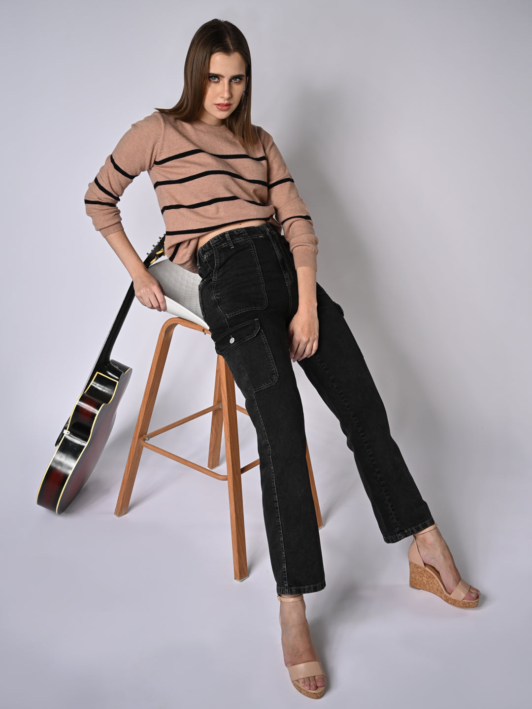 Women Beige /Black Slim Fit Sweater