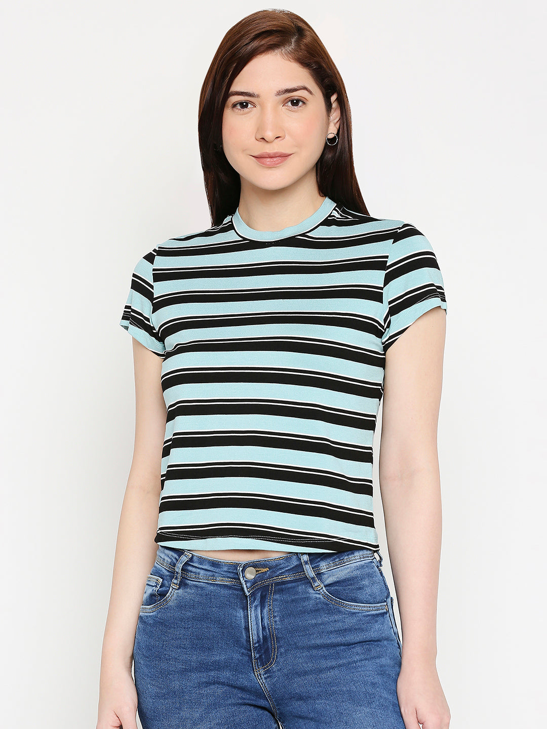 Women Aqua Black Crop Tees