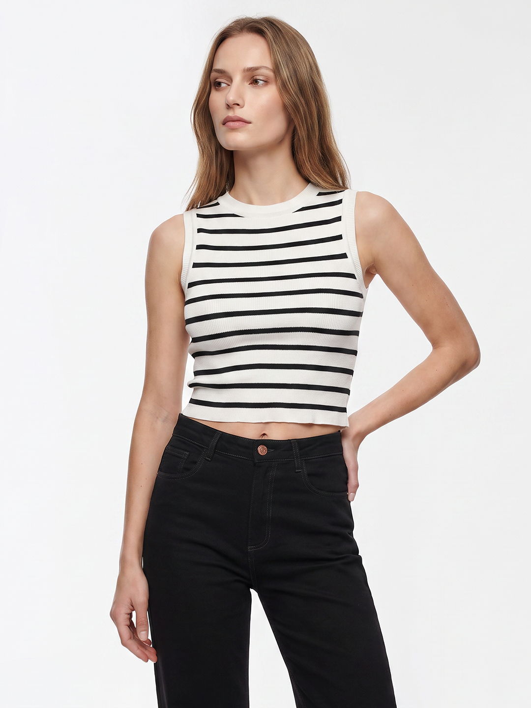 Women Black/White Stripe Tank Top