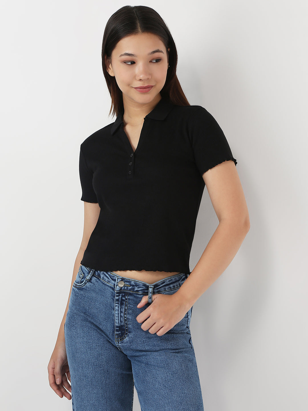 Women Slim Fit Crop T-Shirt Rib